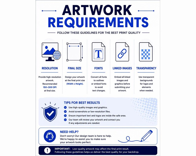 Może przedstawiać: Grafika informacyjna zatytułowana ARTWORK REQUIREMENTS z niebieskim tekstem na białym tle. Zawiera wytyczne dotyczące rozdzielczości, rozmiaru końcowego, czcionek, powiązanych obraz&oacute;w i przezroczystości oraz wskaz&oacute;wki i dane kontaktowe.