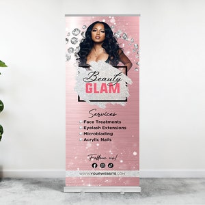 Benutzerdefiniertes einziehbares Banner, einziehbares rosa Geschäft, Salon aufrollen, Pop-up-Banner, Roll-up-Banner.