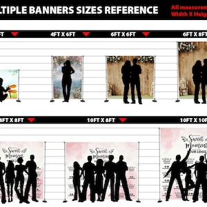 May include: A chart showing different sizes of backdrops for photography. The chart shows the dimensions of each backdrop in feet. The backdrops are shown with different designs, including a wooden backdrop, a floral backdrop, and a pink backdrop with the text "Sweet Moment Your Logo".