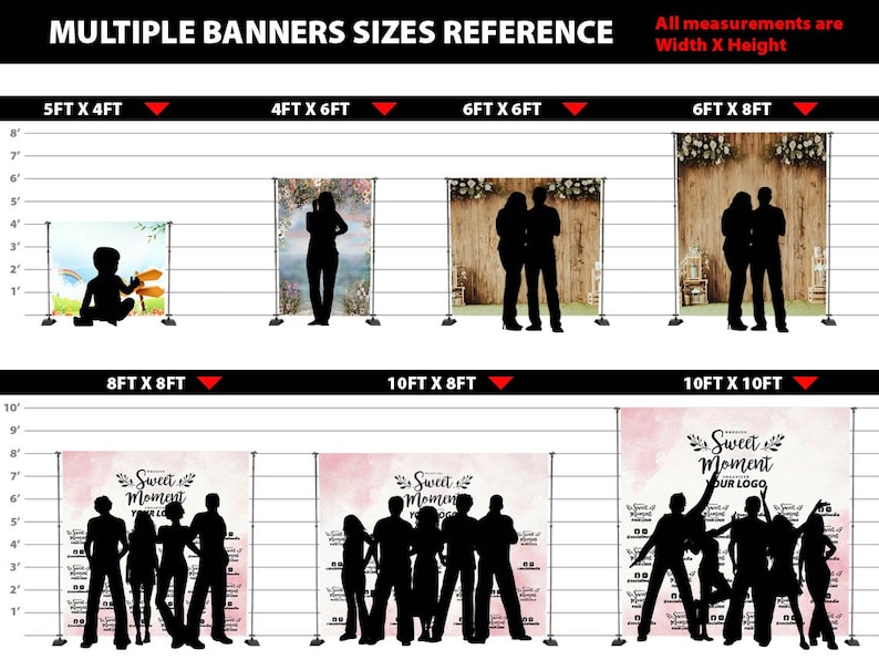 May include: A chart showing different sizes of backdrops for photography. The chart shows the dimensions of each backdrop in feet. The backdrops are shown with different designs, including a wooden backdrop, a floral backdrop, and a pink backdrop with the text "Sweet Moment Your Logo".