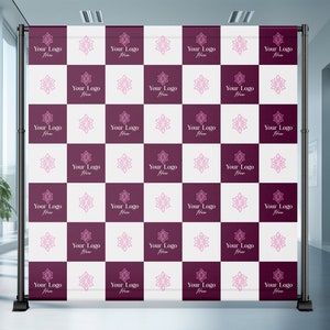May include: A white and burgundy backdrop with a repeating pattern of a pink floral design and the text "Your Logo Here".