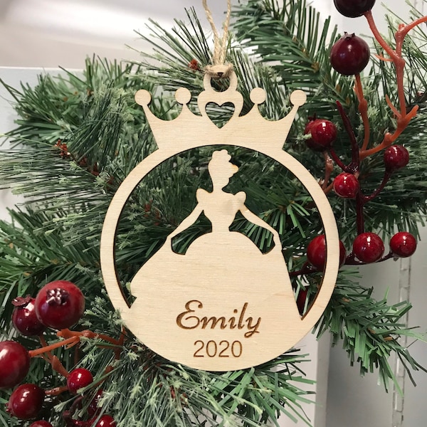 Personalized Disney type ornament, Cinderella ornament, Disney princess ornament, engraved princess ornament