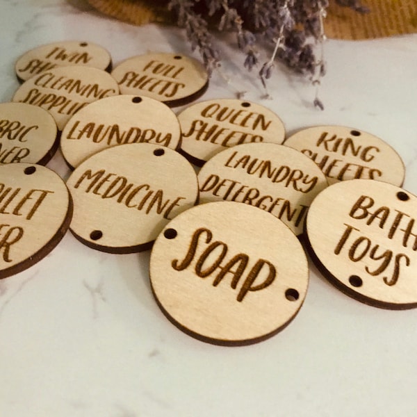 Custom Wood Round tags / Home Organization Tags / Gift Tags / Custom Engraved Wood Tags/ Storage Tags/ personalized wood tags