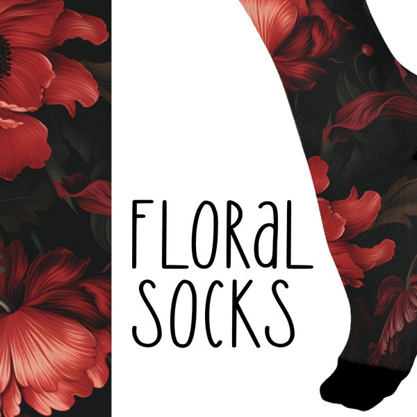 Gothic Flower Socks, Vintage Floral Pattern Socks, Victorian Aesthetic, Dark Floral Socks, Gothic Gift, Red Socks Flowers