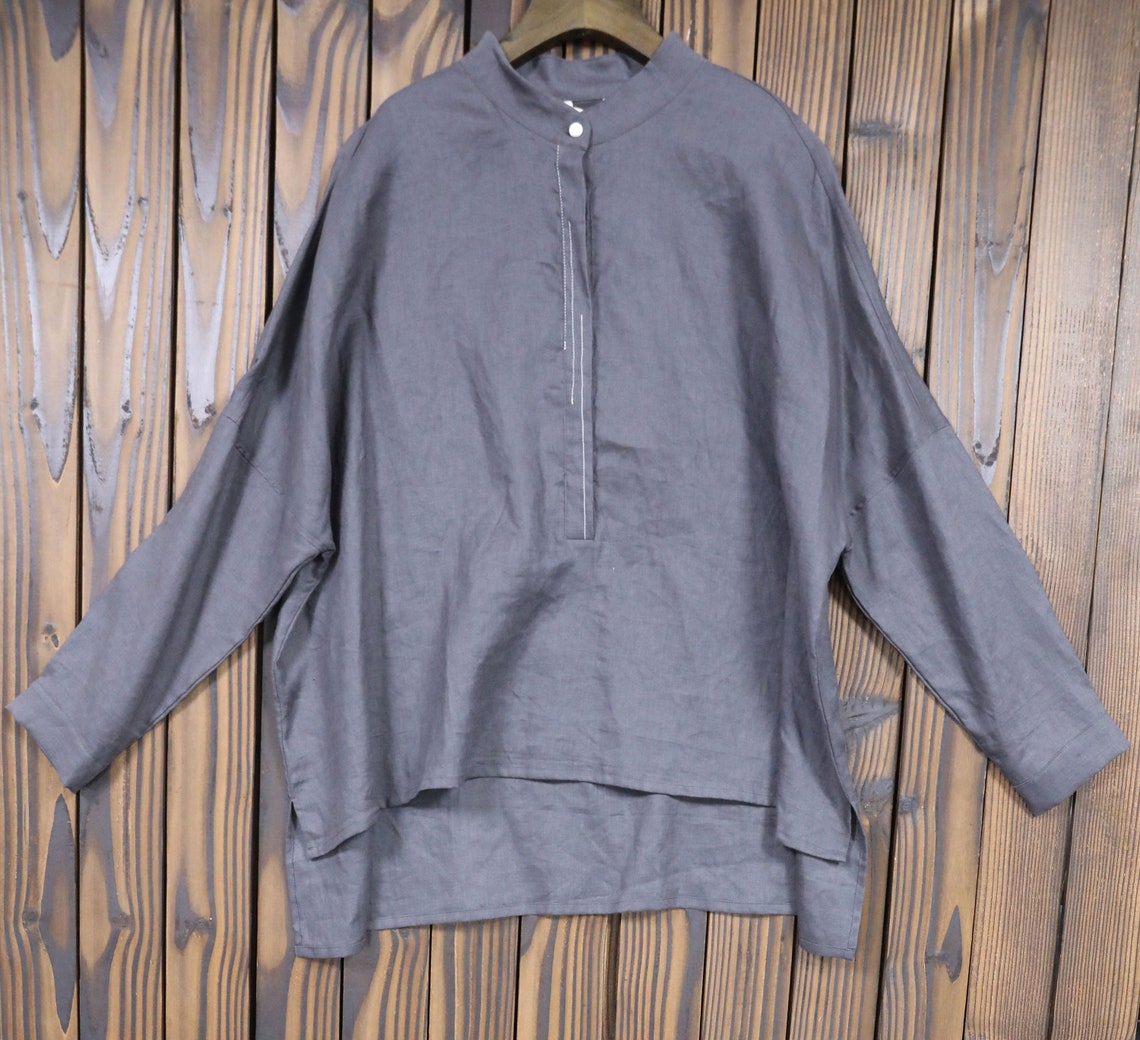 Linen Solid Dark Gray Women Plus Size Shirt Etsy