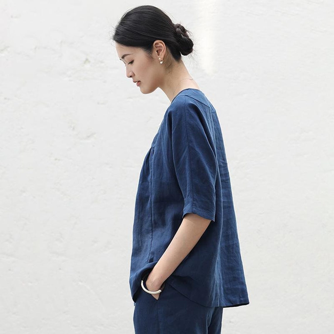 Women Cotton Linen TShirt VNeck Casual Pure Color Plus Size Etsy