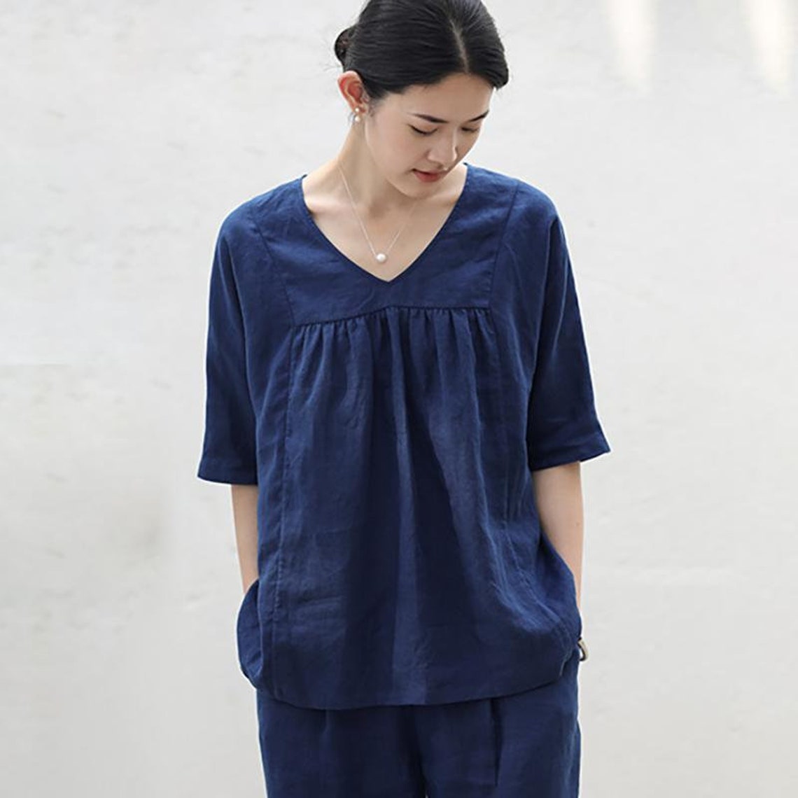 Women Cotton Linen TShirt VNeck Casual Pure Color Plus Size Etsy