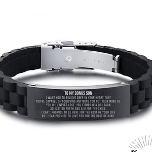 Personalized Bonus Son Gift, To My Bonus Son I Want You To Believe Deep In Your Heart, Bonus Son Bracelet,Birthday Gift From Bonus Mom & Dad