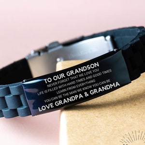 To Our Grandson Never Forget That We Love You, Grandson Bracelet, Gift From Grandma & Grandpa, Engrave Silicone Bracelet