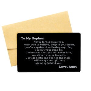 Carte personnalisée de portefeuille de neveu, cadeau personnalisé de neveu, n’oubliez jamais que je t’aime carte gravée de portefeuille, cadeau d’anniversaire de neveu, cadeau de tante