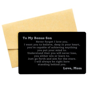 Personalized Bonus Son Wallet Card, To My Bonus Son, Never Forget That I Love You, Custom Bonus Son Gift, Gift From Bonus Mom For Bonus Son