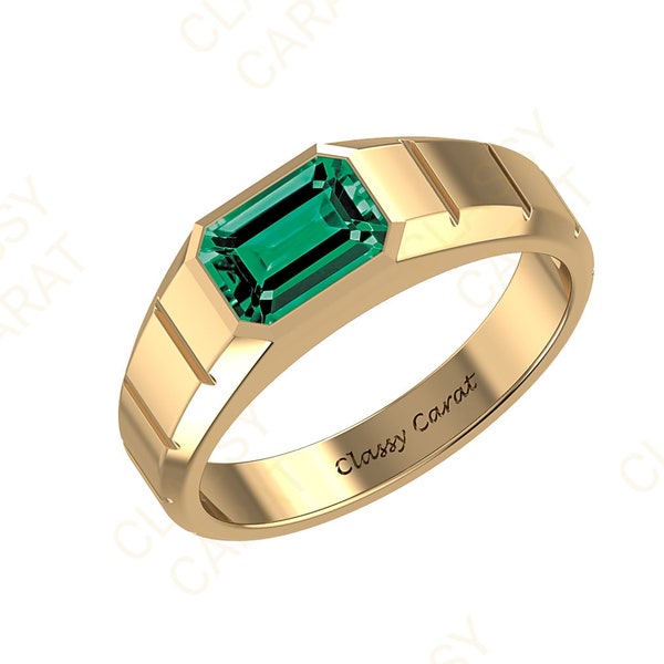 Men Wedding Ring, Men's Emerald Engagement Ring, Yellow Gold Emerald Men Ring, Emerald Cut Men Ring,  14K Solid Gold Emerald Men Ring