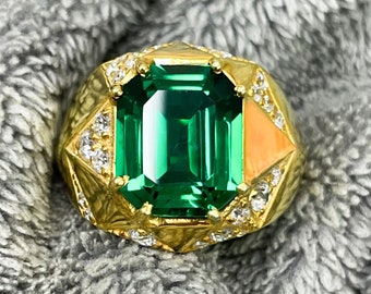 14k massief gouden smaragd diamant herenring: geboortesteen mei