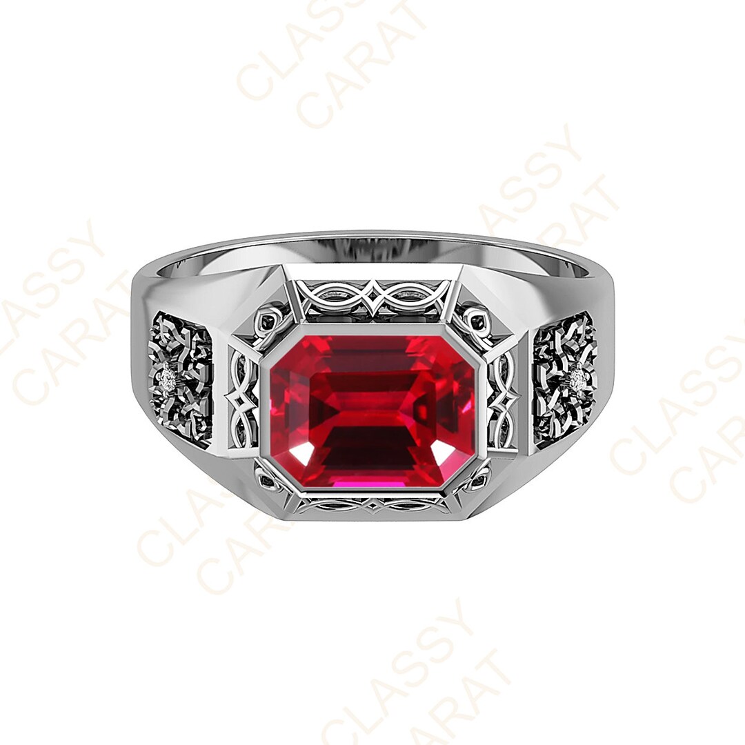 Emerald Cut Ruby Men's Ring 14K Solid Gold Ruby Ring Men Etsy