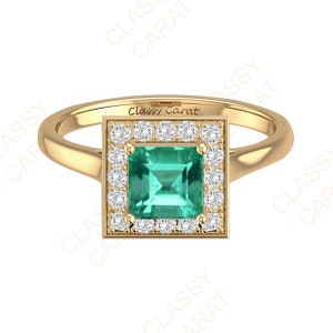 Victorian Asscher Emerald Ring 14k,18k Yellow Gold, Vintage Natural Emerald Diamond Ring, Antique Gold Emerald Engagement Ring Women Ring