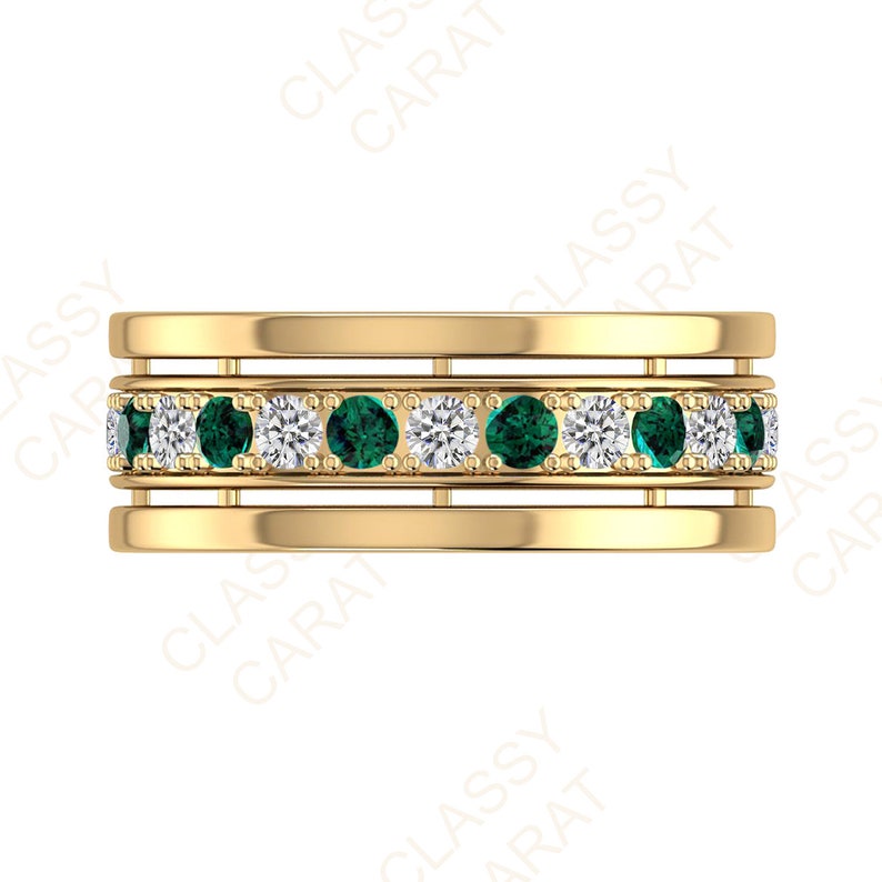 Mens Emerald And Diamond Wedding Band/Emerald And Diamond Mens Engagement Ring/Solid Gold Emerald Wedding Band/Emerald Anniversary Gift band image 4