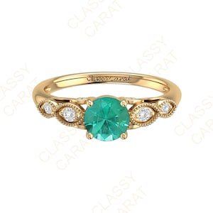 Victorian Emerald Ring 14k,18k Yellow Gold Vintage Genuine Diamond Engagement Ring Antique Natural Emerald Ring, Classy Carat Hand Made Ring