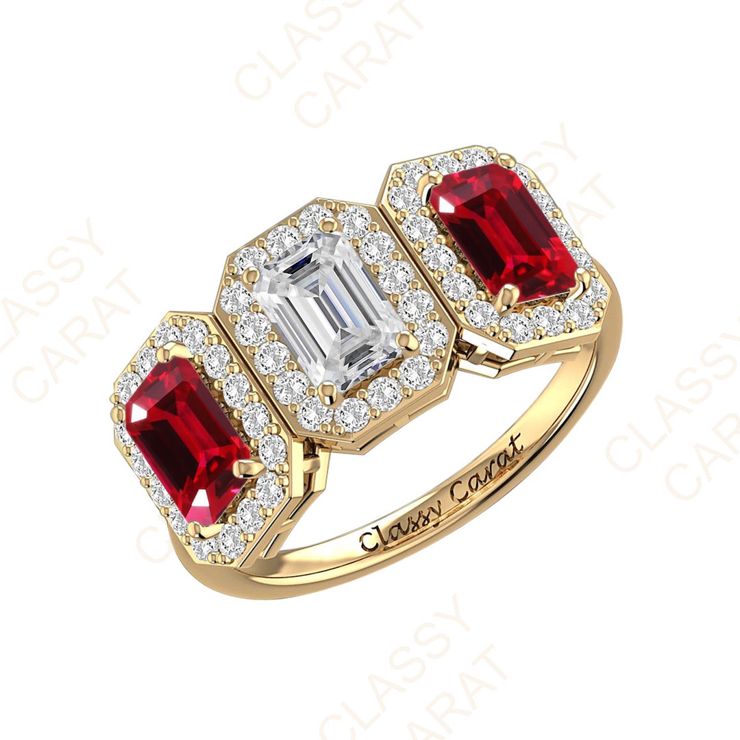 14k Engagement Ring, Ruby Engagement Ring, Moissanite Wedding Purpose Ring, Emerald Cut