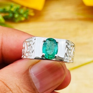 2ct Raw Emerald Oval Men's Signet Ring/emerald mens engagement ring , mens wedding And Anniversary, 14k solid gold men emerald wedding ring.