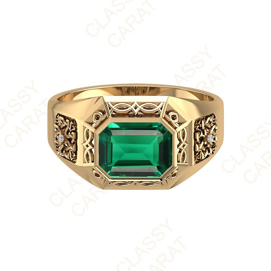 3ct Raw Emerald Mens Ring, 14K Solid Gold Emerald Ring, Men Engagement Ring, Emerald Cut Men