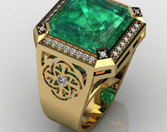 Emerald mannenring, vierkante smaragdgroene ring, smaragdgroene diamanten ring, 14K massief gouden herenring, luxe herenring, geboortesteenring mei, herenring
