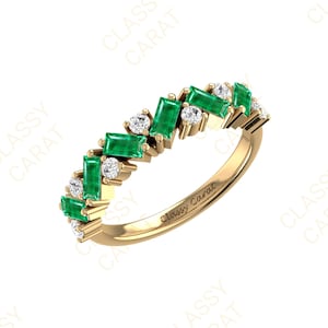 Emerald Engagement Ring, Yellow Gold Women Wedding Band, Half Emerald and Diamond Eternity Band, Dainty Emerald Ring, Emerald Baguette Band