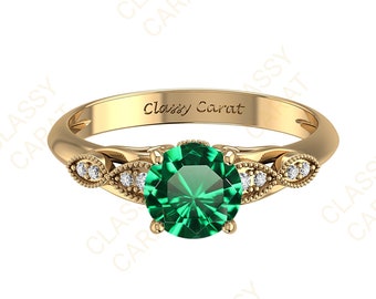 6 mm Emerald Engagement Ring, 14K-18K Solid Yellow Gold Ring, Emerald Bridal Ring, Emerald Diamond Wedding Ring, Round Emerald Women Ring