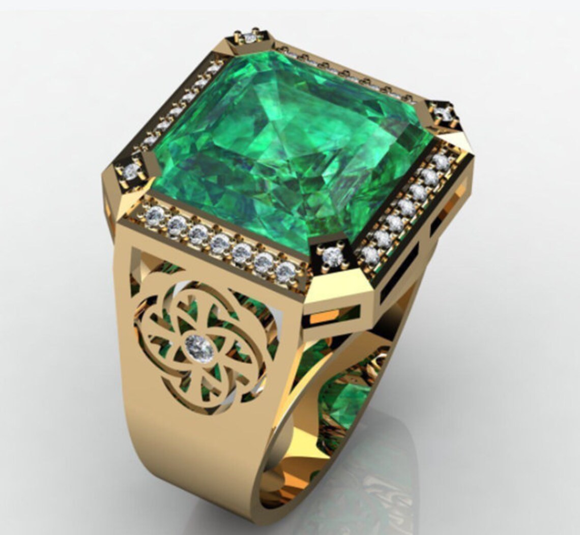Raw Emerald Men Ring Square Emerald Diamond Ring Halo Etsy