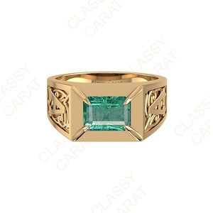 14K Solid Gold Emerald Men&#39;s Ring: Initial A Band
