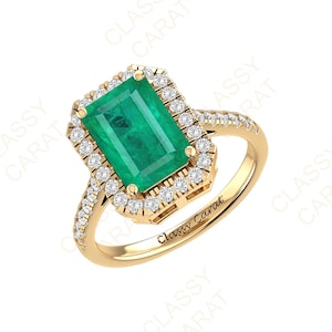 3 Cts Natural Emerald Ring, Emerald Ring For Bridal, Diamond Emerald Ring, Halo Emerald Ring, 14K Solid Gold Ring, Diamond Engagement Ring