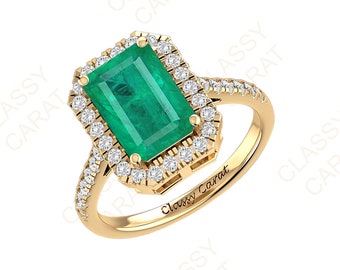Anillo de esmeralda natural de 3 quilates: anillo de compromiso con halo de diamantes en oro de 14 quilates, anillo de bodas para mujer, anillo de regalo para madre, anillo de esmeralda con propósito