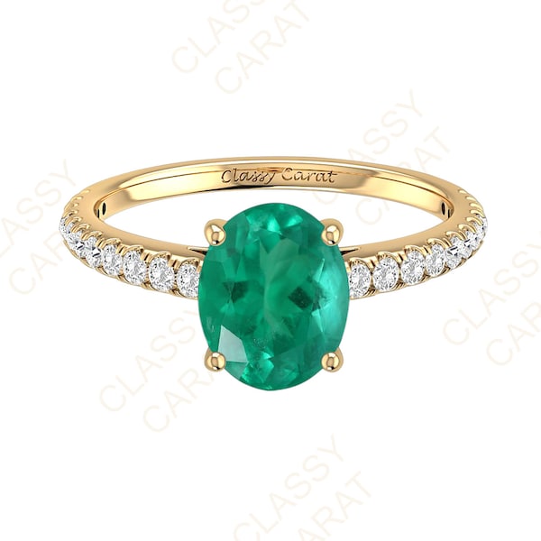 Rich Green Oval Emerald 14k Solid Gold Ring, Emerald Engagement Ring Oval Emerald Gold Diamond Wedding Ring Emerald Mother Gift Ring