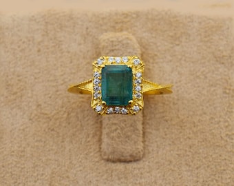 Bague émeraude Naturelle De Zambie 1,23 Ct - Or Jaune 14k Massif Avec Diamants, Taille Sur Mesure - Neuf