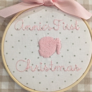 Babys first Christmas Personalized embroidered ornament 2022 silhouette pink stocking stuffer gift exchange baby shower christening gift image 5