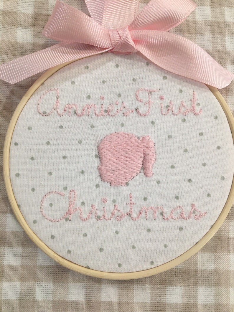 Babys first Christmas Personalized embroidered ornament 2022 silhouette pink stocking stuffer gift exchange baby shower christening gift image 5