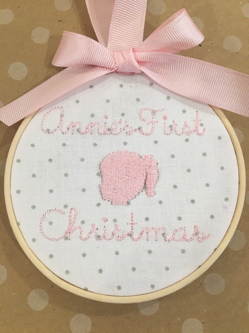 Babys first Christmas Personalized embroidered ornament 2022 silhouette pink stocking stuffer gift exchange baby shower christening gift image 3