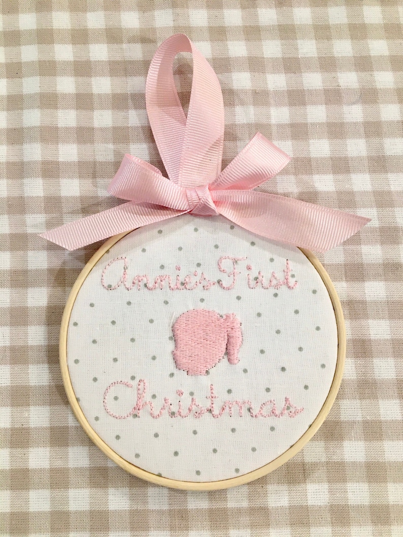 Babys first Christmas Personalized embroidered ornament 2022 silhouette pink stocking stuffer gift exchange baby shower christening gift image 4