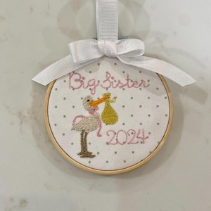 Big sister big brother ornament/ personalized  embroidery/Christmas stocking stuffer/ pink stork baby toddler gift/baby keepsake baby girl