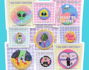 Alien Button Badge Set, Funny Holographic Pins