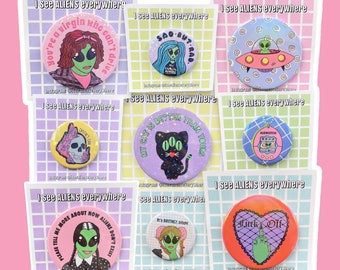 Alien Button Badge Set, Shiny Holographic Pins
