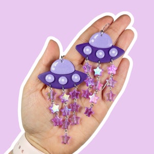 Purple Supernova Monochrome UFO Earrings. handmade polymer clay statement alien earrings.