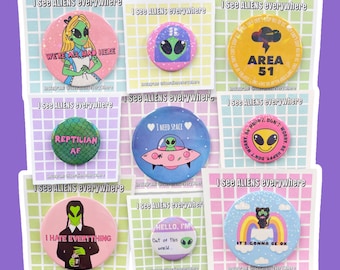 Alien Button Badges Set: Holographic Pins, Funny Original Designs