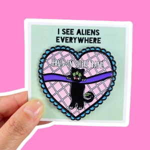 Hang in There Baby Alien Cat Large Enamel Pin / Cute Kawaii Cat Enamel Pin