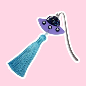 Purple UFO with Blue Tassel Bookmark / Handmade Polymerclay Cute Quirky Bookmark / Book Lovers Gift