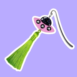 Pink UFO with Green Tassel Bookmark / Handmade Polymerclay Cute Quirky Bookmark / Book Lovers Gift