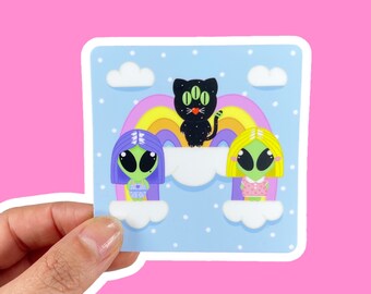 Sticker vinyle imperméable arc-en-ciel extraterrestre kawaii, amis extraterrestres