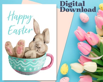 Lapin de Pâques carte à imprimer, jolie carte de Pâques, carte de Pâques lapin tasse de thé, carte de Pâques à télécharger pour la famille
