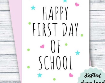 DESCARGAR tarjeta del 1er día de clases, tarjeta feliz del primer día de clases, linda tarjeta de regreso a la escuela IMPRIMIBLE, tarjeta de escuela primaria plegable para niña