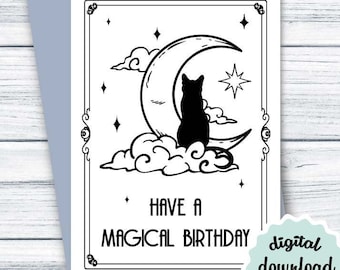 Witchy Birthday Card PRINTABLE Cat Moon Birthday Card Wiccan Tarot, Have A Magical Birthday, DOWNLOADABLE Birthday Card Witch
