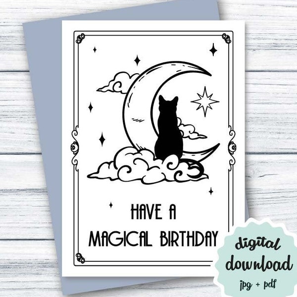 Tarjeta de cumpleaños de bruja IMPRIMIBLE Tarjeta de cumpleaños de luna de gato Tarot Wiccan, Tener un cumpleaños mágico, Tarjeta de cumpleaños DESCARGABLE Bruja